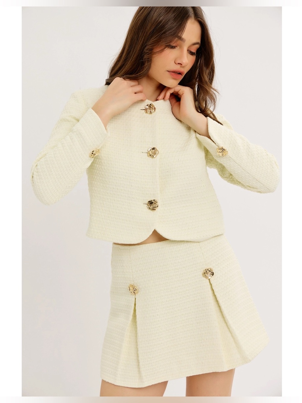 Cream Tweed Pleated Mini Skort and Jacket Set - 732 - Picture 3 of 14
